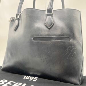 BERLUTI 定価約55万 ベルルッティ カリグラフィ トゥジュール スクリット レザー トート バッグ ネイビー 肩掛 大容量 保存袋付き メンズ 