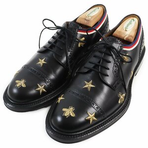 未使用品●GUCCI グッチ 定価173000円 496259 Bee・スターエンブロイダリー パンチドキャップトゥ レザーシューズ ブラック 6.5 メンズ