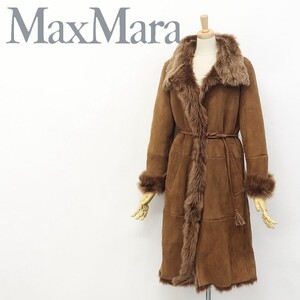 美品●白ラベル Max Mara マックスマーラ リアル ムートン ファー ロング コート 茶 ブラウン 38