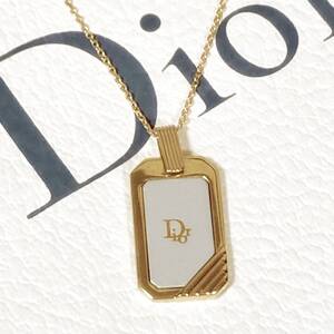 美品 クリスチャンディオール Christian Dior ネックレス ペンダント スクエア Diorロゴ プレート ヴィンテージ ゴールド 金色 希少 325