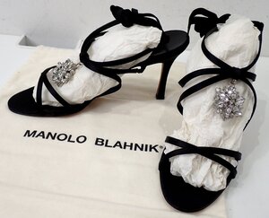 定価9万円ほど 未使用 超美品 マノロブラニク MANOLO ストラップ サンダル パンプス ブラック ビジュー 37 1/2 23.5cm 24cm シューズ 3783