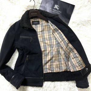 絶版極美品BURBERRY BLACKLABELムートンフライトジャケットL~M部分ラムレザー羊革ノバチェック柄黒大きいサイズバーバリーブラックレーベル