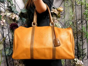 ●超美品●LOEWE ロエベ●アナグラム●ロゴ型押し●カーフ レザー 本革●ボストン バッグ●ゴールデンイエロー 茶●G金具●大容量●Js53448