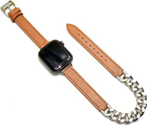 Royce&Roland Apple Watch チェーン レザー ベルト グルメットメタル (シルバー/本革/ステンレス) お洒落 ギフト (38/40/41mm, BROWN)/416