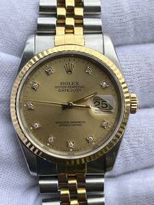 【M230】分解掃除済み ROLEX OYSTER PERPETUAL DATEJUST Ref.16233 10Pダイヤ YG×SS ゴールド文字盤 稼働品 メンズ腕時計