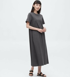 UNIQLO マーセライズ コットン Aライン ワンピース M ダークグレー ロングスカート ロング ルームウェア 部屋着 リラックスウェア 綿 半袖