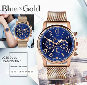 腕時計 時計 ギリシャ文字 ステンレス メッシュ アナログ メンズ クォーツ ファッション時計 男女兼用 ゴールド オシャレ ブルー　1