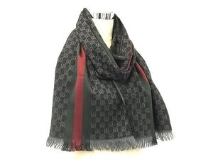 1円 ■美品■ GUCCI グッチ シェリーライン GG柄 フリンジ マフラー スカーフ ストール ショール レディース メンズ ブラック系 FJ4079