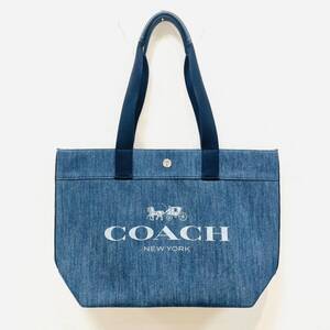 ☆A4もすっきり収まる！ COACH コーチ デニム トートバッグ 67415 ブルー 青 かばん キャンバス ピンク 花柄 大きめ デカ 【B17678YM】