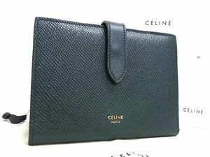 1円 ■極美品■ CELINE セリーヌ ミディアムストラップウォレット レザー 二つ折り 財布 レディース メンズ グリーン系 FD3020