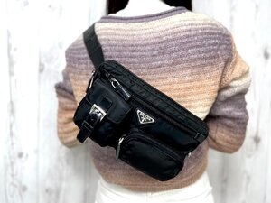 極美品 PRADA プラダ テスート ボディバッグ ウエストポーチ バッグ ナイロン×レザー 黒 79091Y