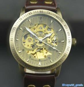 ヴィンテージ ブロンズ 腕時計 レトロ スケルトン 機械式 メカニックアンティーク ブラウン レザー 8 送料無料