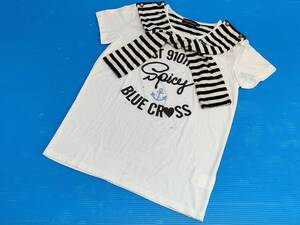 【再値下げ！即決！】★BLUE CROSS spicy label/ブルークロススパイシーレーベル★子供服 半袖Ｔシャツ 肩掛け風 ラインストーン 白 L