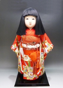 《ジャムルK》KKo0429-57◆日本人形 市松人形 和装 着物 女の子 置物 ケース無 高：45㎝ 振袖 章介作 和服