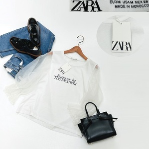 /M/ ZARA ホワイト オーガンジー長袖ブラウス レディース タグ カジュアル トップス 透け感 大人可愛い白 英字ロゴ デイリー ザラ