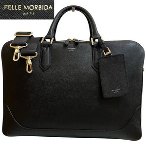 極美品/2way PELLE MORBIDA ペッレモルビダ ビジネスバッグ A4 トート ブリーフ 二層式 二室 大容量 ショルダー レザー 革 黒 ブラック