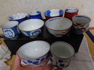 有田焼-有田の器-/彩窯 古代絵変り 新食器揃/飯椀＆湯呑 各5客セット/絵柄・色彩 5種個別/木箱入未使用美品-長期保管品