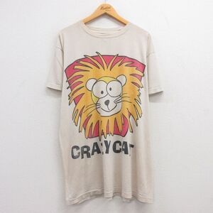 古着 半袖 ビンテージ Tシャツ ワンピース レディース 90s ライオン クレイジーキャット 大きいサイズ ロング丈 クルーネック ベージュ