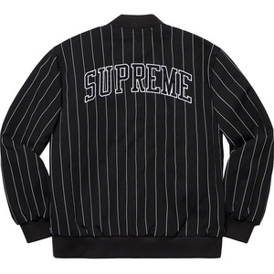 希少★新品本物【黒★M】★Pinstripe Varsity Jacket ピンストライプ バジティアーチロゴ 正規店購入 シュプリーム 入手困難 Supreme 19S/S