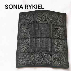 美品 SONIA RYKIEL ソニアリキエル スカーフ ブラック 黒 花柄 総柄 約80cm×90cm 絹 シルク レーヨン 