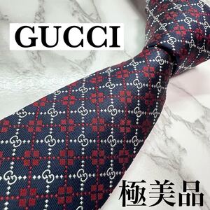 極美品 現行タグ 定番 GUCCI ネクタイ シルク100% GG柄 格子柄 蜂 ビー ソーホー ナロータイ 刺繍 ネイビー