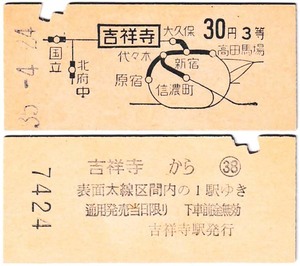 国鉄　地図式乗車券　£342　昭和35年　吉祥寺　→　30円区間　3等