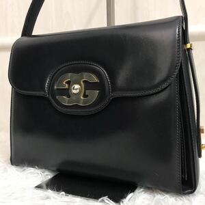 極美品/希少●グッチ GUCCI ハンドバッグ ショルダーバッグ インターロッキング GG ゴールド 金具 ネイビー 紺 レザー 本革 肩掛 ビジネス