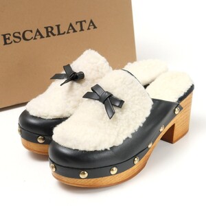 MH1791*《未使用/定価 19,800円》ESCARLATA エスカラータ 2022AW レザー×ボア リボン サボ サンダル ウッドヒール 37(23.5cm相当) 黒