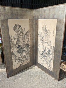 旧家屋敷から 初荷 屏風 美術 骨董 水墨画　作者不明 日本画 屏風 山水図 山水 蔵出し 落款 在銘　直接引取可