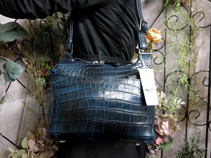 ●超美品●GENUINE●クロコダイル 本 ワニ 革 カーフ レザー 本革●ショルダー バッグ●ネイビー●シルバー金具●肩掛け●かばん●Js53689