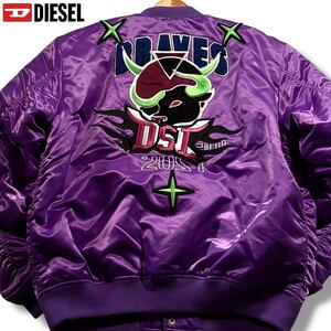 極美品/XLサイズ●現行タグ DIESEL ディーゼル MA-1 中綿 フライト ジャケット スタジャン 牛 バッファローワッペン DSLロゴ 紫 パープル