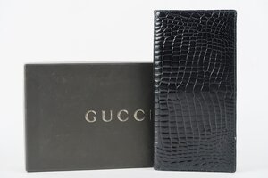 【美品】GUCCI グッチ クロコダイル 二つ折り長財布 札入れ ブラック【QK88】