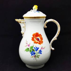 【1級品】Meissen マイセン 3つ花 ベーシックフラワー 大きめ ポット 030◆フラワーブーケ 花柄 金彩 コーヒーポット ティーポット