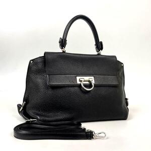 美品●Salvatore Ferragamo フェラガモ ハンドバッグ 2way ソフィア ショルダーバッグ ガンチーニ 斜め掛け シボ革 レザー 黒 ブラック