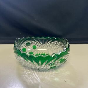 昭和レトロ ガラス製 カットガラス アンティーク 染付 グリーン　ガラス　小物入れ　l-2161