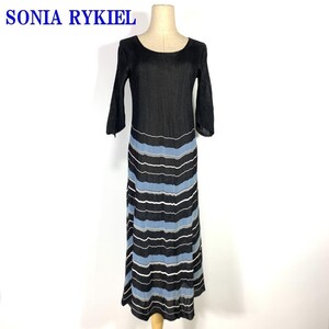 ソニアリキエル ７分袖ボーダーニットワンピースネイビーSONIA RYKIEL カジュアル 透け感有 濃紺 ロングワンピース 36 C1282