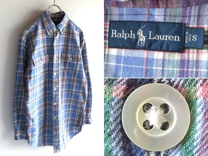 希少 90sビンテージ Ralph Lauren ラルフローレン コットン チェックシャツ ネルシャツ S ライトブルー パープル RN41381 USA企画