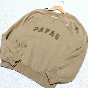 【1円〜】papas パパス ビッグロゴ スウェット ブラウン ポケット ロゴボタン Mサイズ 