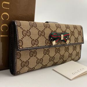 1668【美品】箱付きGUCCI グッチ シェリーライン GG柄 GGキャンバス×レザー リボン 二つ折り 長財布 ウォレット レディース ベージュ