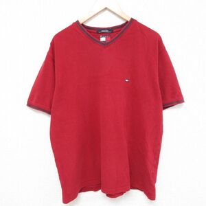 XL/古着 トミーヒルフィガー TOMMY HILFIGER 半袖 ブランド Tシャツ メンズ 90s ワンポイントロゴ 鹿の子 大きいサイズ コットン Vネッ