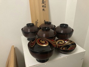 756 流水蒔絵煮物椀 五客 平安 光阿弥造 共布 共箱 茶道具