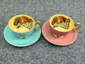 ⑤ Aynsley エインズレイ ファインボーンチャイナ カップ&ソーサー ペア 2客セット 洋食器 フルーツ絵 ピンク 水色 金彩 B01
