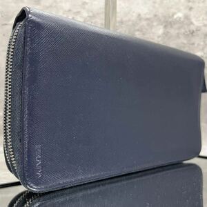 【極美品/ダブルジップ】 PRADA プラダ 長財布 メンズ ビジネス ラウンドファスナー オーガナイザー 型押し サフィアーノ レザー 本革 紺色