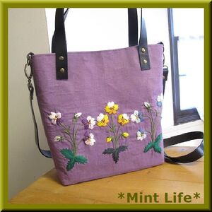 *Mint Life* ハンドメイド 「リネントートバッグ」手刺しゅう