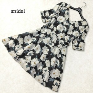 38 【snidel】 スナイデル レースアップ 花柄 ワンピース 0 ミニ ネイビー 半袖 夏 フラワー 総柄 編み上げ フレア Aライン Vネック 