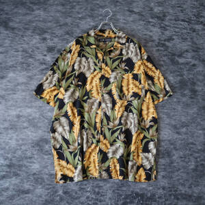 S233 Botanical Pattern Silk Jacquard ALOHA Shirt Black ボタニカル柄 シルク ジャガード 開襟 アロハ 半袖 シャツ L 90s 00s