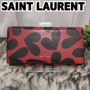 ◆極希少◆【激レア】 サンローラン 長財布 ブラック レッド ハート Saint Laurent 財布 総柄 黒 赤 レザー 女性 折り財布 レディース 革