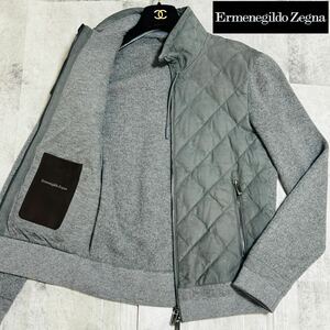 美品★Ermenegildo Zegna ゼニア【極上カシミヤ100%×最高級牛革】ニット 切替 ダウンジャケット Wジップブルゾン キルティング 近年モデル