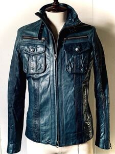 美品 美色ブルー 正規品 edgo rupert leathers（山羊革） ゴートスキンラムレザー シングルライダース ジャケット M