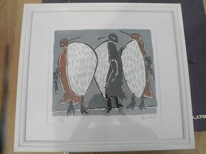 真作　室田武 リトグラフ　ペンギン 額装／ PENGUIN WAX 50anniversary ペンギンワックス／鉛筆サイン（^00YA22B